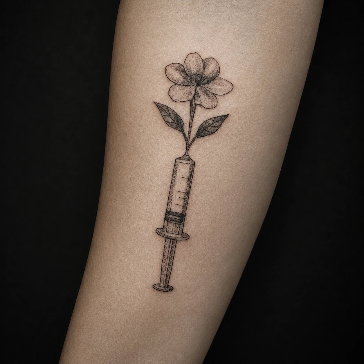 Fine line de flor a nascer de uma seringa