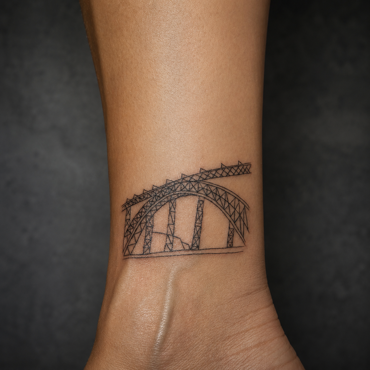 Tatuagem line art da Ponte Dom Luís I no pulso