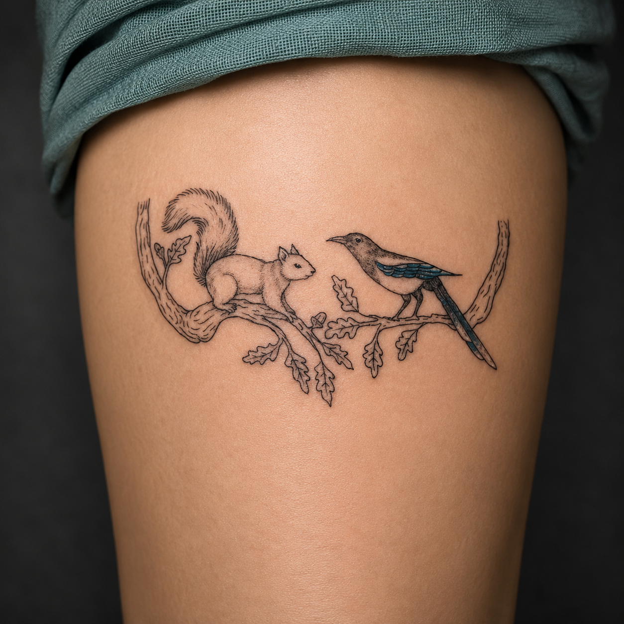 Tatuagem ilustrativa de esquilo e pássaro num ramo