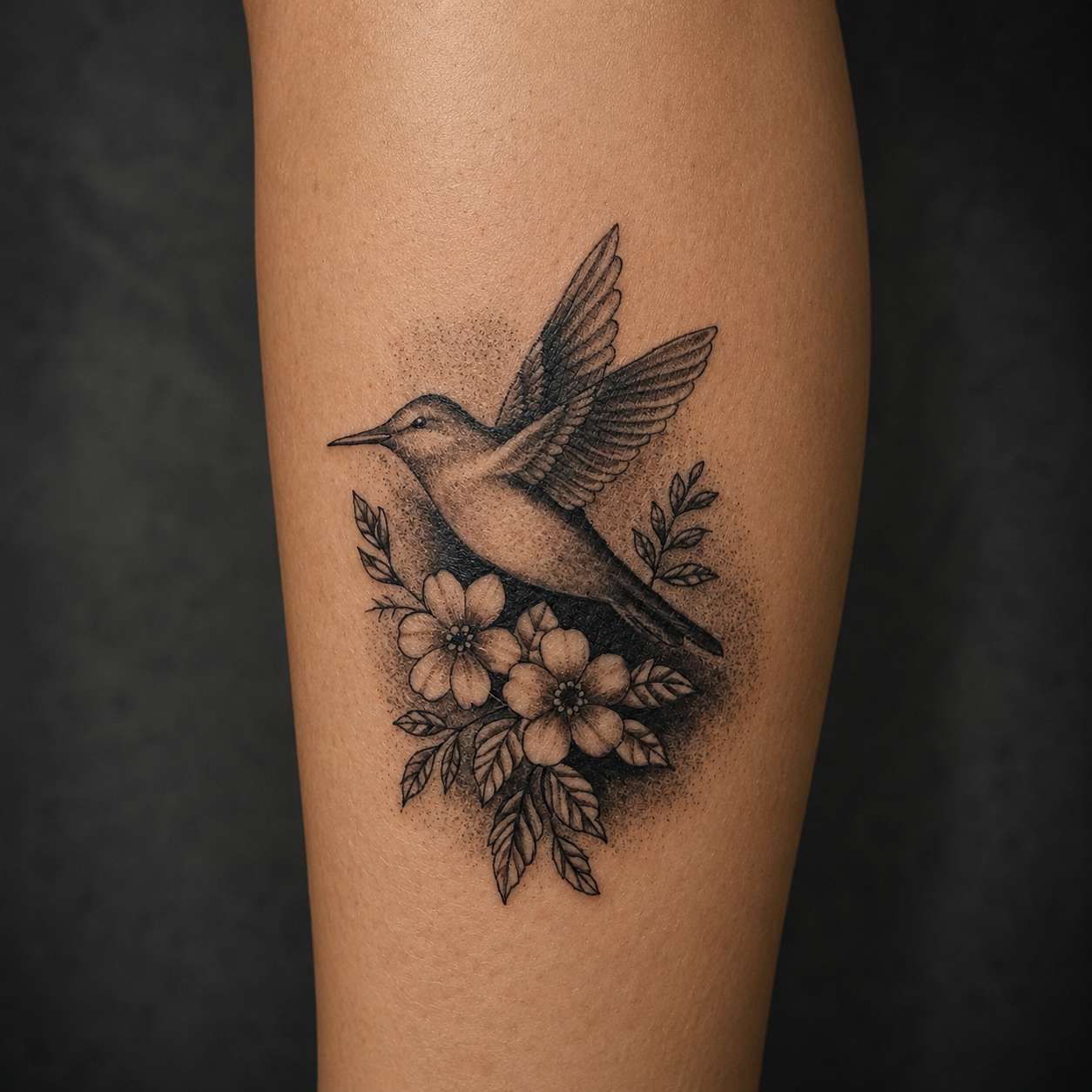 Beija-flor e flores em preto e cinza