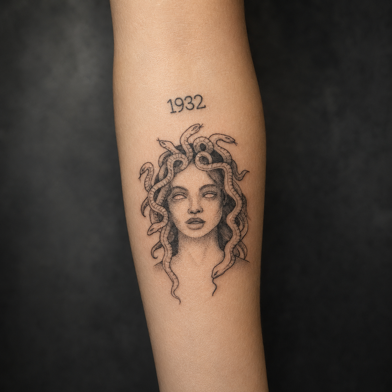 Retrato de Medusa com serpentes e o número 1932